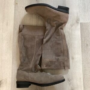 Eric Michael Taupe Suede Perforated Laser Cut Tall Boots Size 42 Round Toe Boho